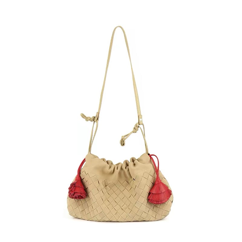 Two-tone Woven Clutch\ Shoulder Bag (Beige & Red)