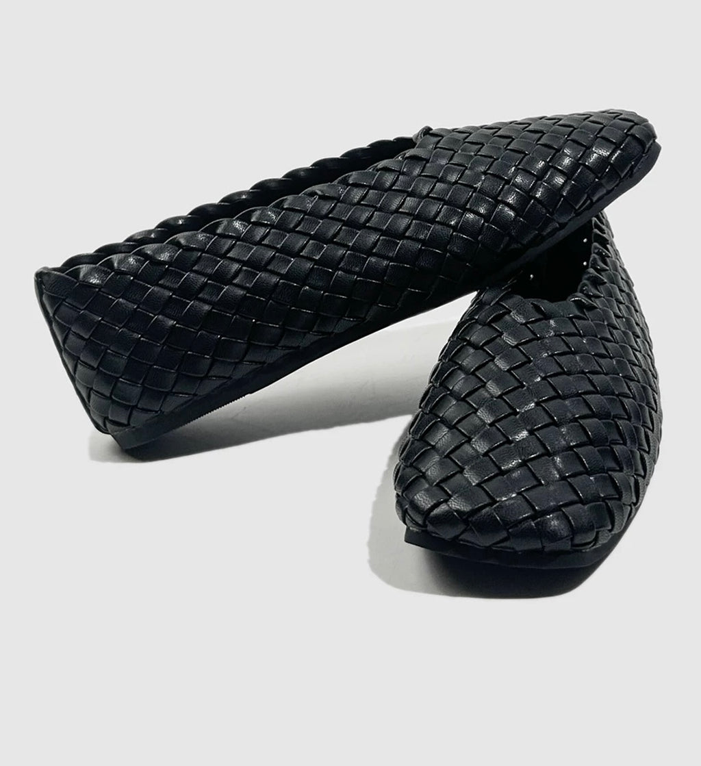 Woven Leather Flats in Black