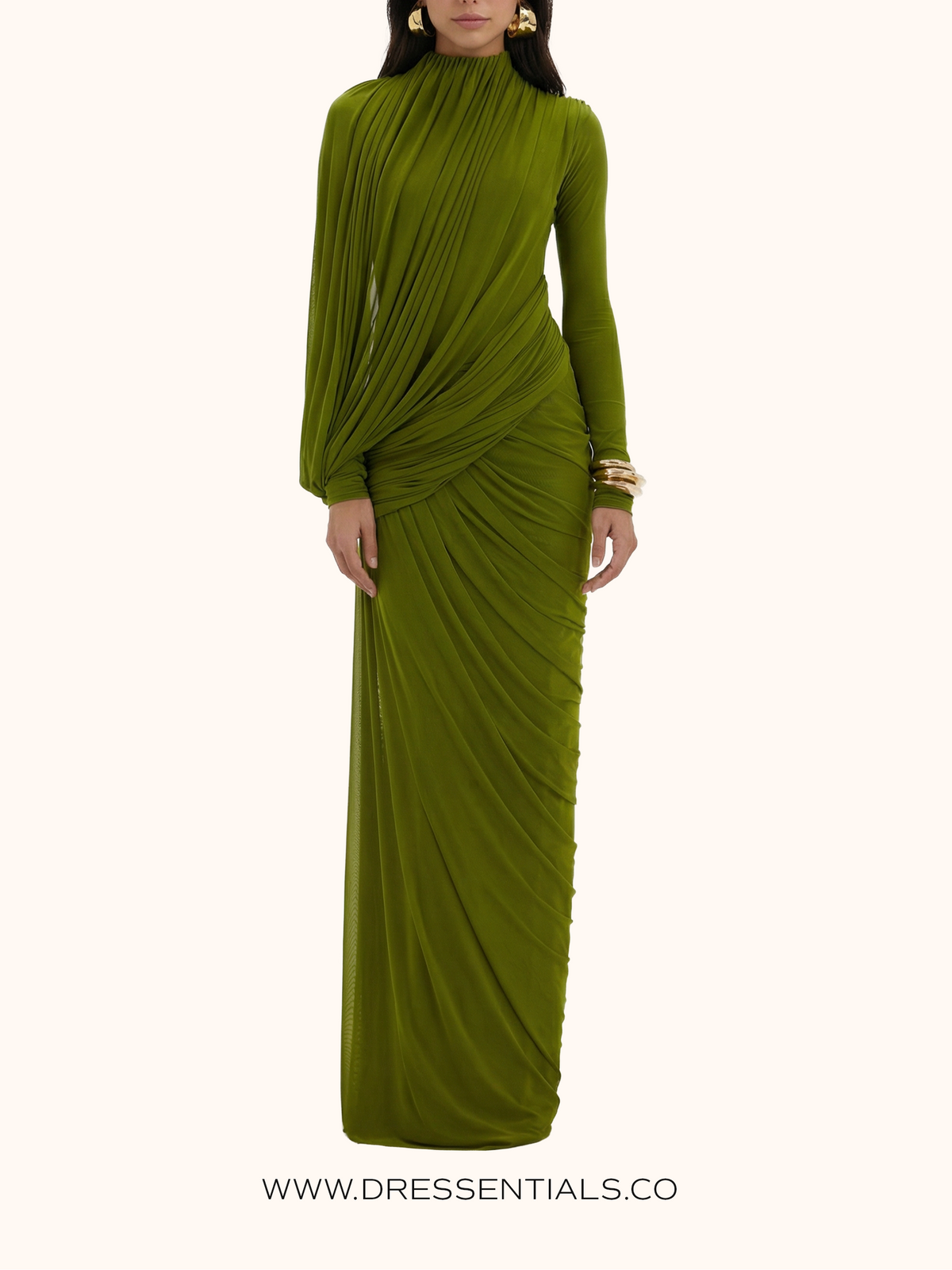 Asymmetric Pleated Drape Maxi Dress in Lime Green (Immediate)