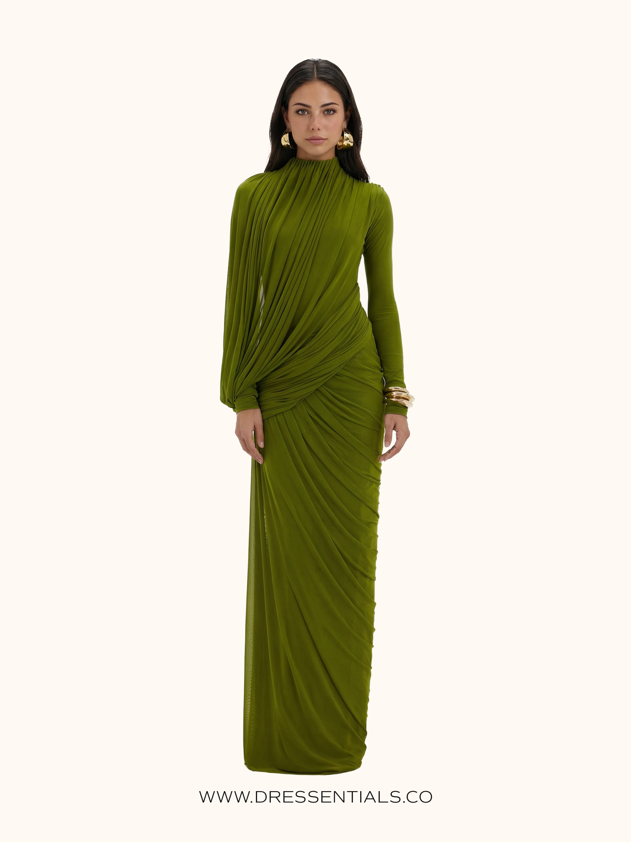 Asymmetric Pleated Drape Maxi Dress in Lime Green