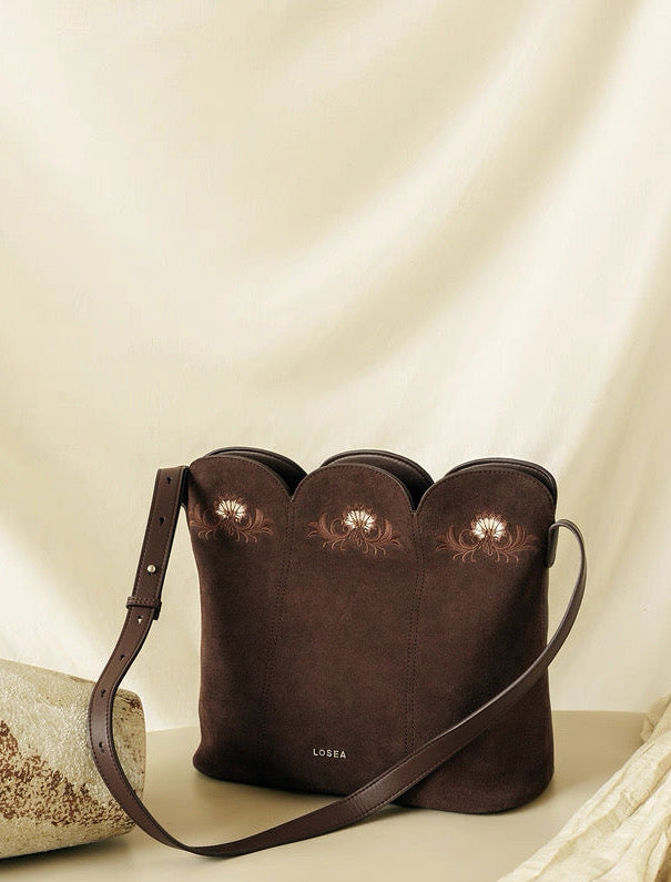 Embroidered Bag in Dark Suede
