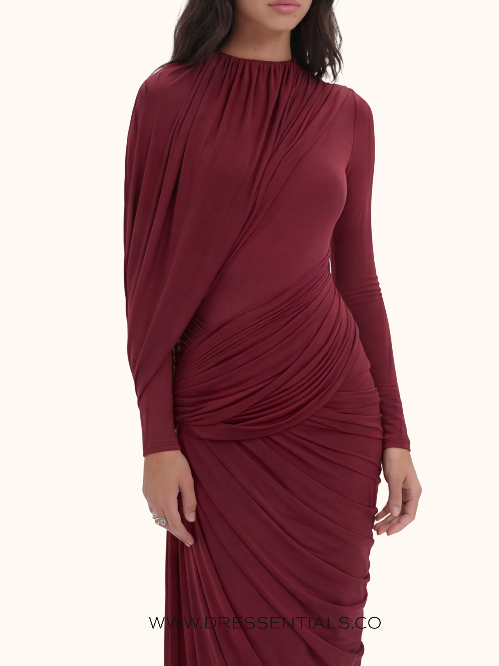 Asymmetric Pleated Drape Maxi Dress in Deep Red (Immediate)