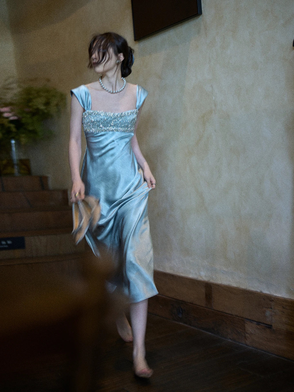 Satin Maxi Dress with Embellishments (Immediate)