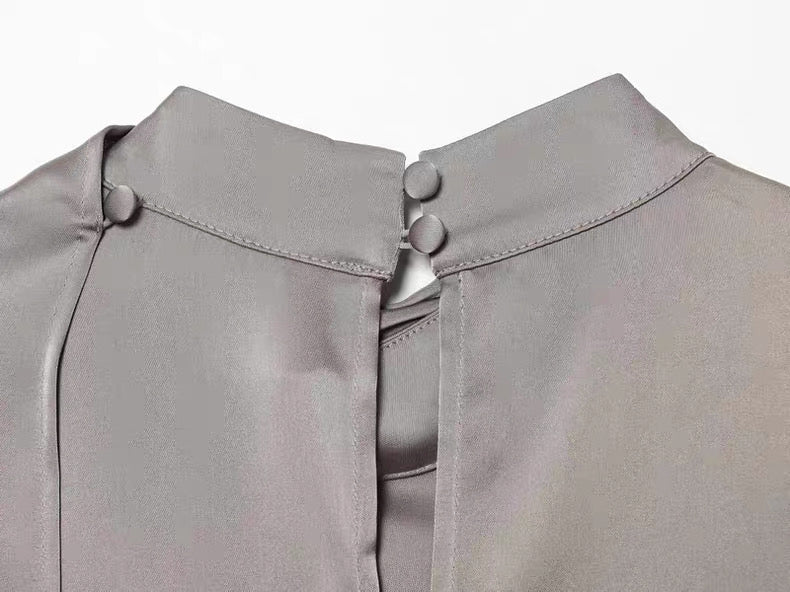 Satin Blouse with Drapes in Grey