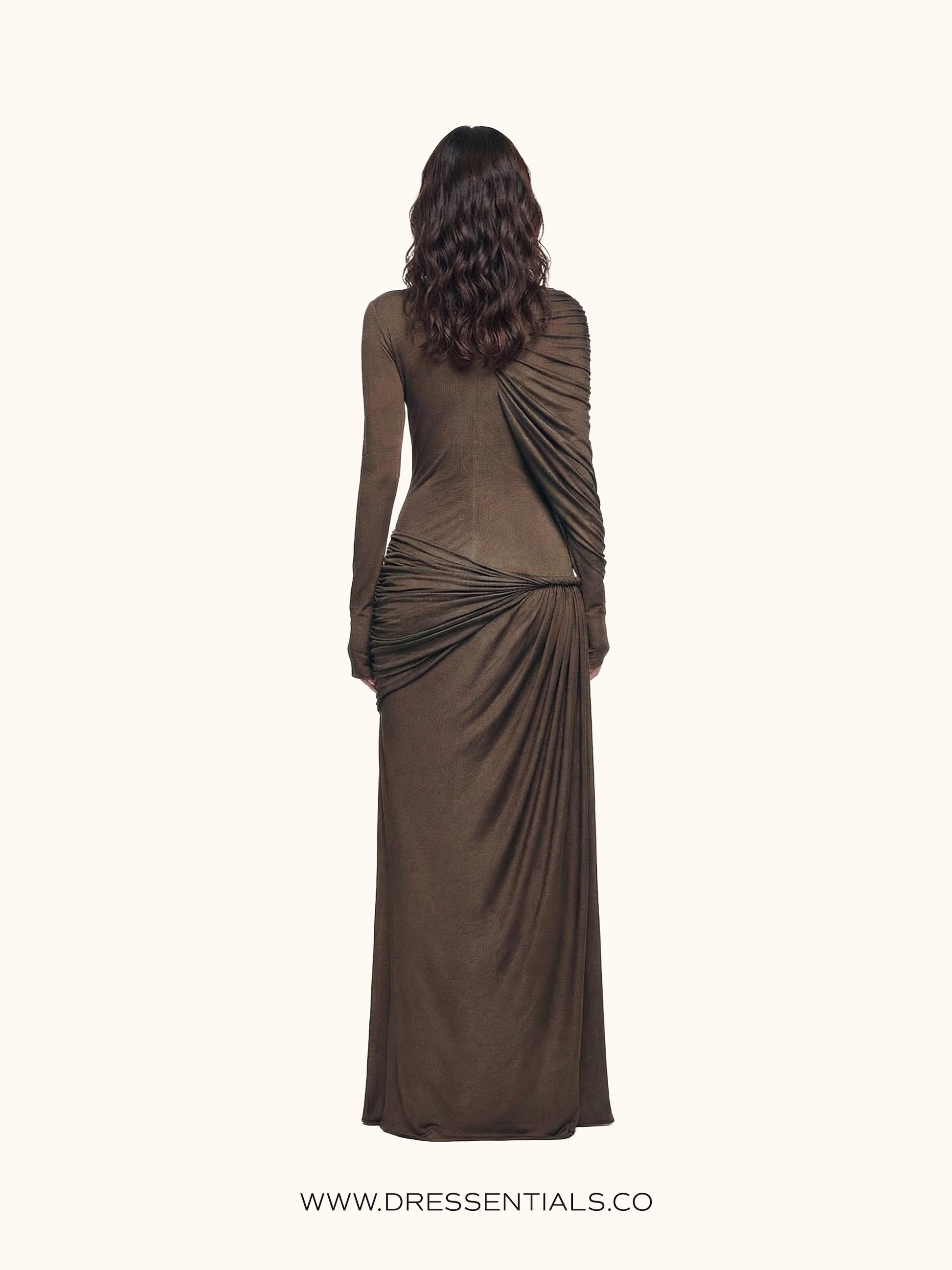 Ruched Long-Sleeve Maxi Dress in Brown