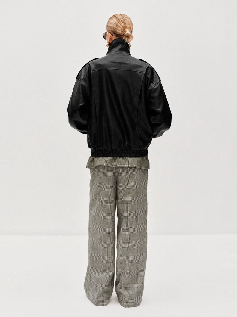 TIE ASYMMETRIC FAUX LEATHER BOMBER JACKET in black