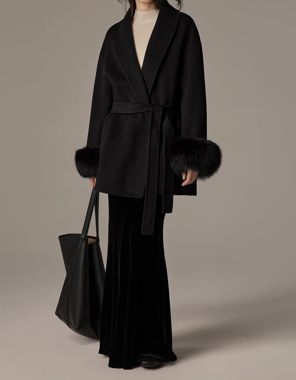 Fur Sleeves Coat in Black