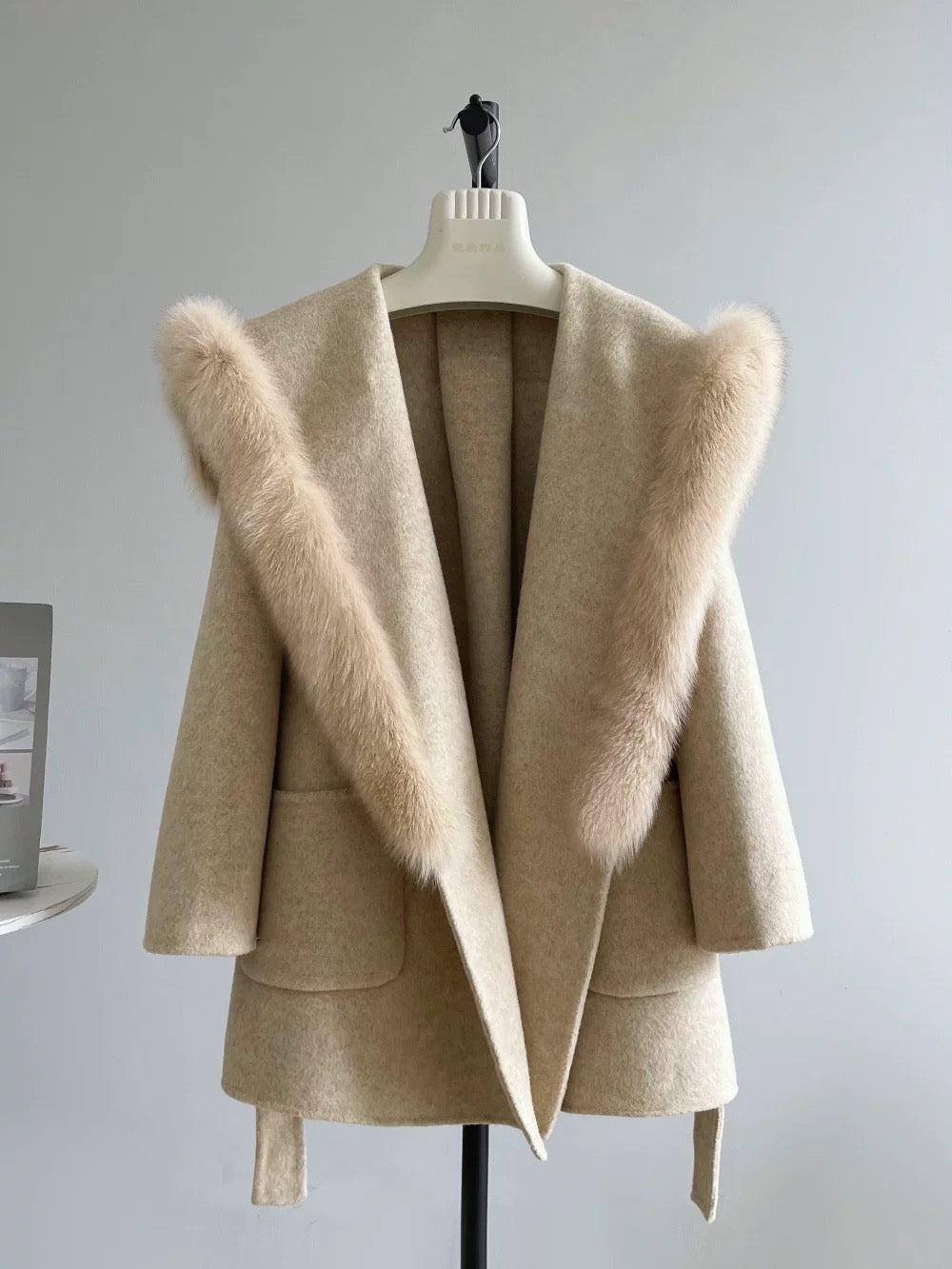 Fox Fur Collar Coat in Beige