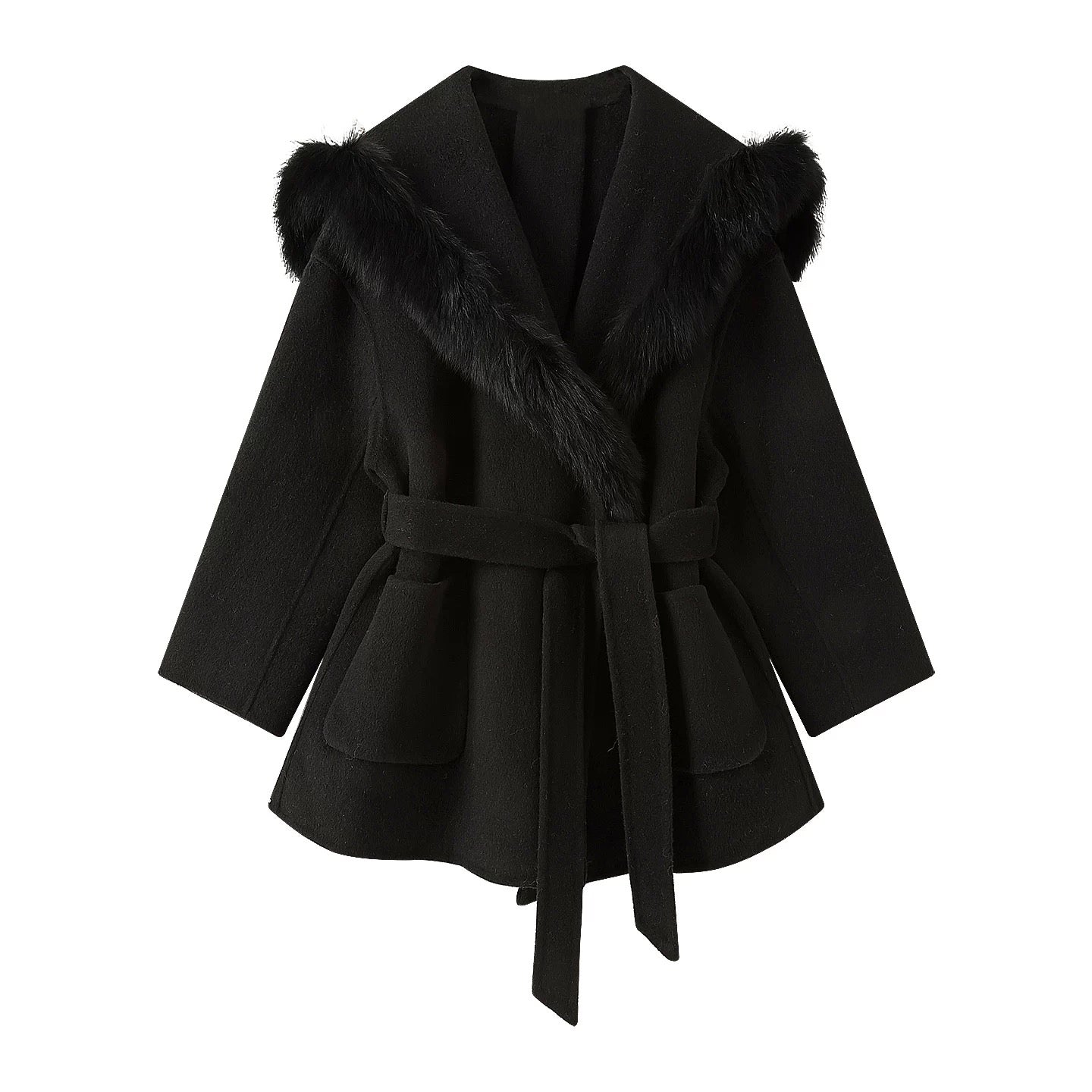 Fox Fur Collar Coat in Black