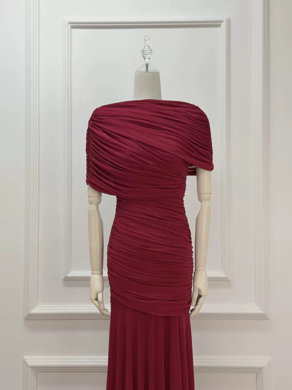 Draped Shoulder Maxi Dress in Burgundy