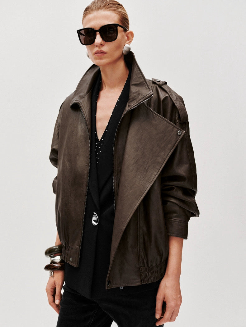 TIE ASYMMETRIC FAUX LEATHER BOMBER JACKETS in brown