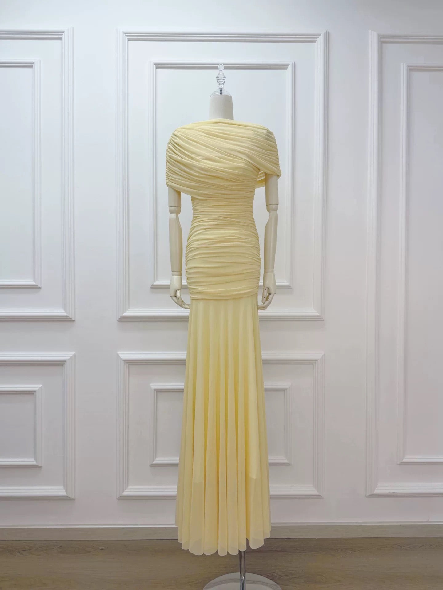 Draped Shoulder Maxi Dress in Butter Yellow