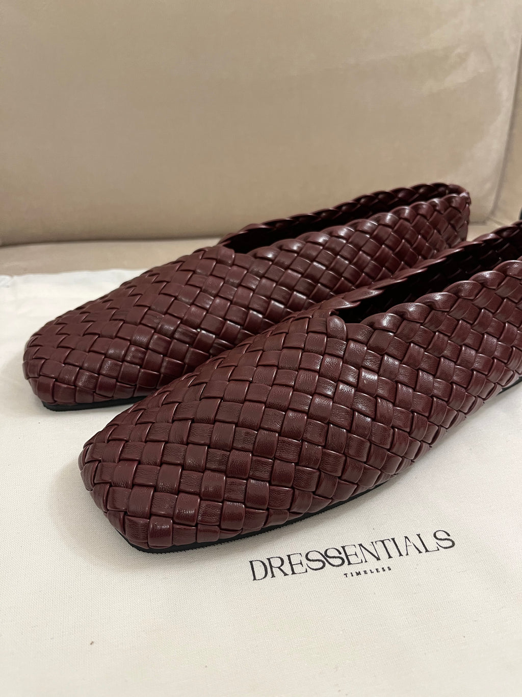 Woven Leather Flats in Burgundy