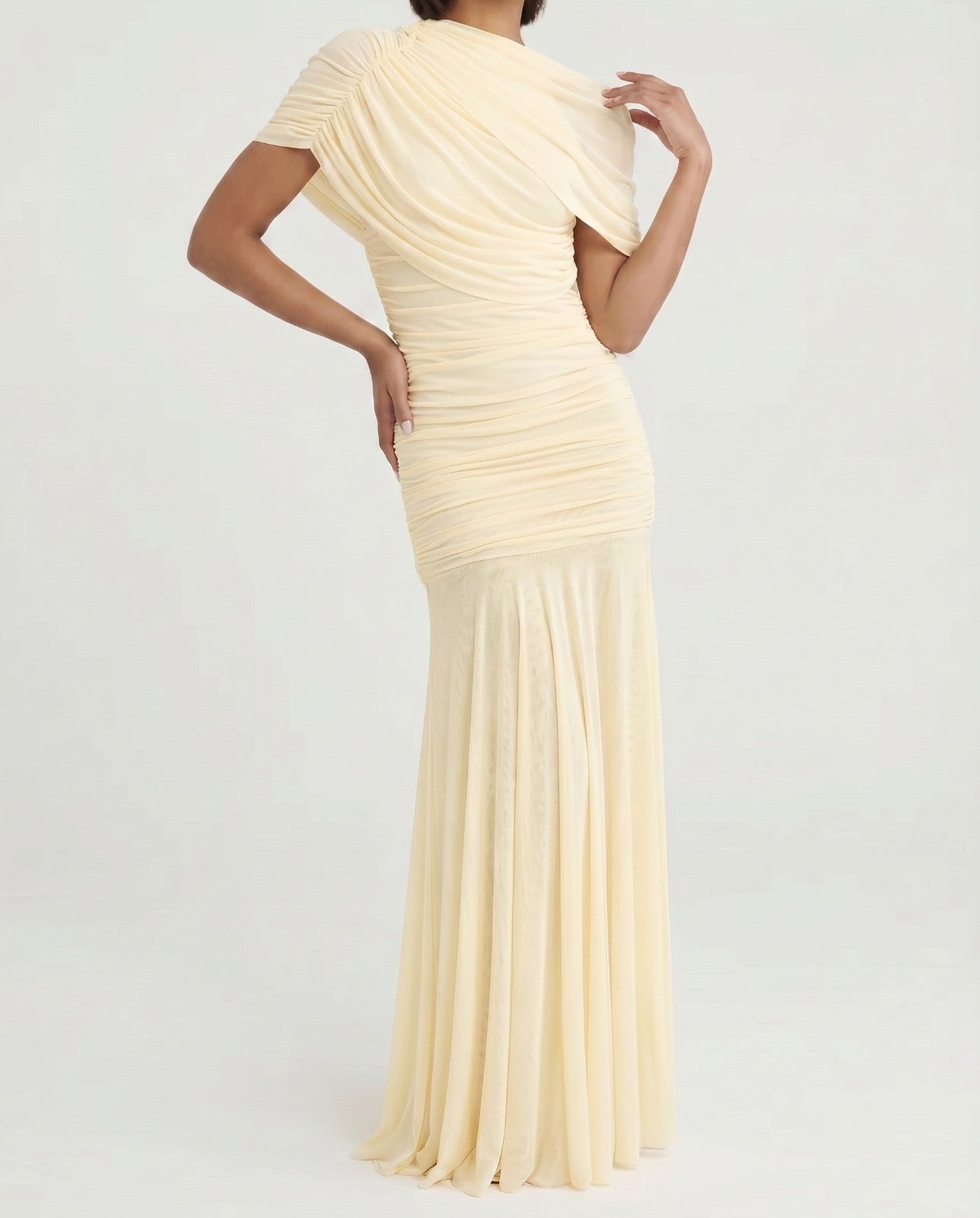 Draped Shoulder Maxi Dress in Butter Yellow