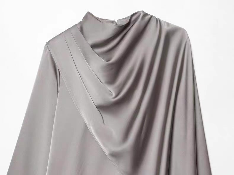 Satin Blouse with Drapes in Grey