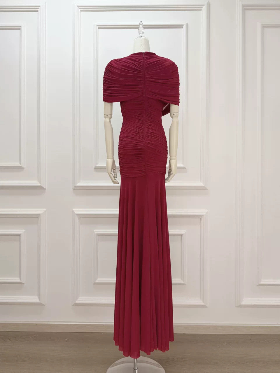 Draped Shoulder Maxi Dress in Burgundy