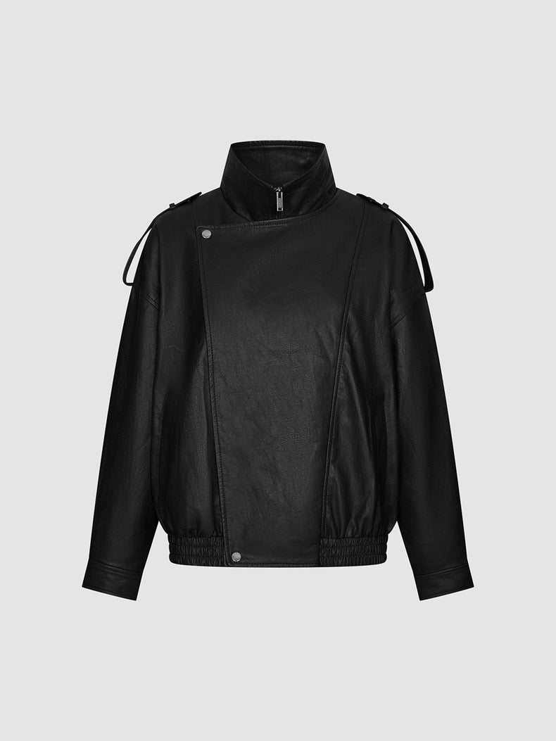 TIE ASYMMETRIC FAUX LEATHER BOMBER JACKET in black