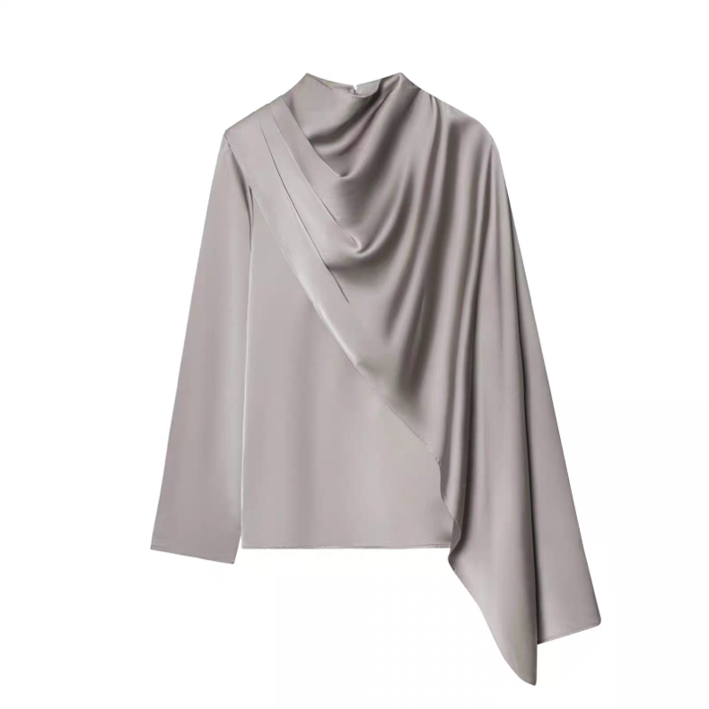 Satin Blouse with Drapes in Grey