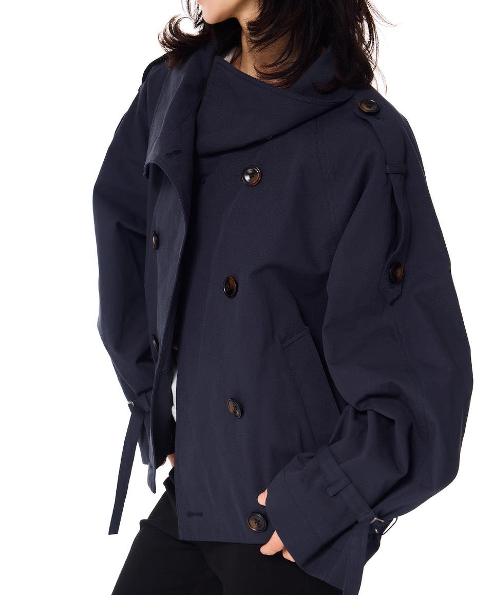 Gathered Trench Jacket in Navy Blue