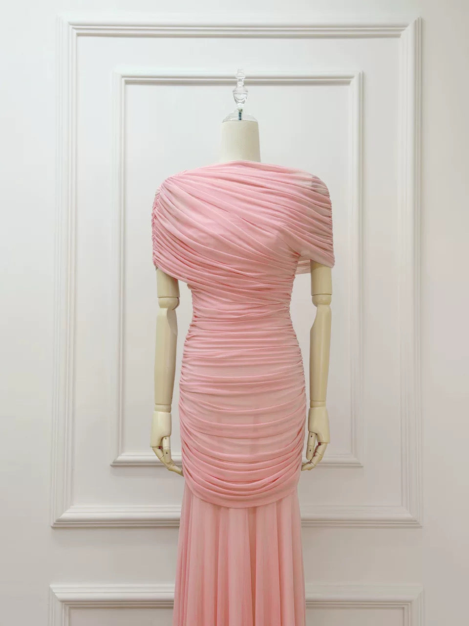 Draped Shoulder Maxi Dress in Pink