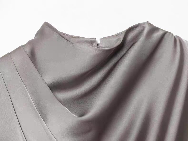 Satin Blouse with Drapes in Grey