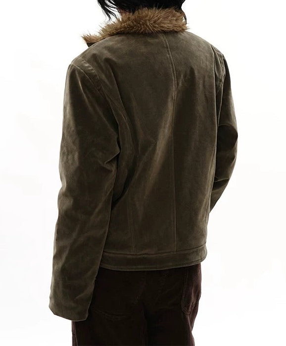 Suede\Fur Studded Jacket in Olive Green (Immediate)