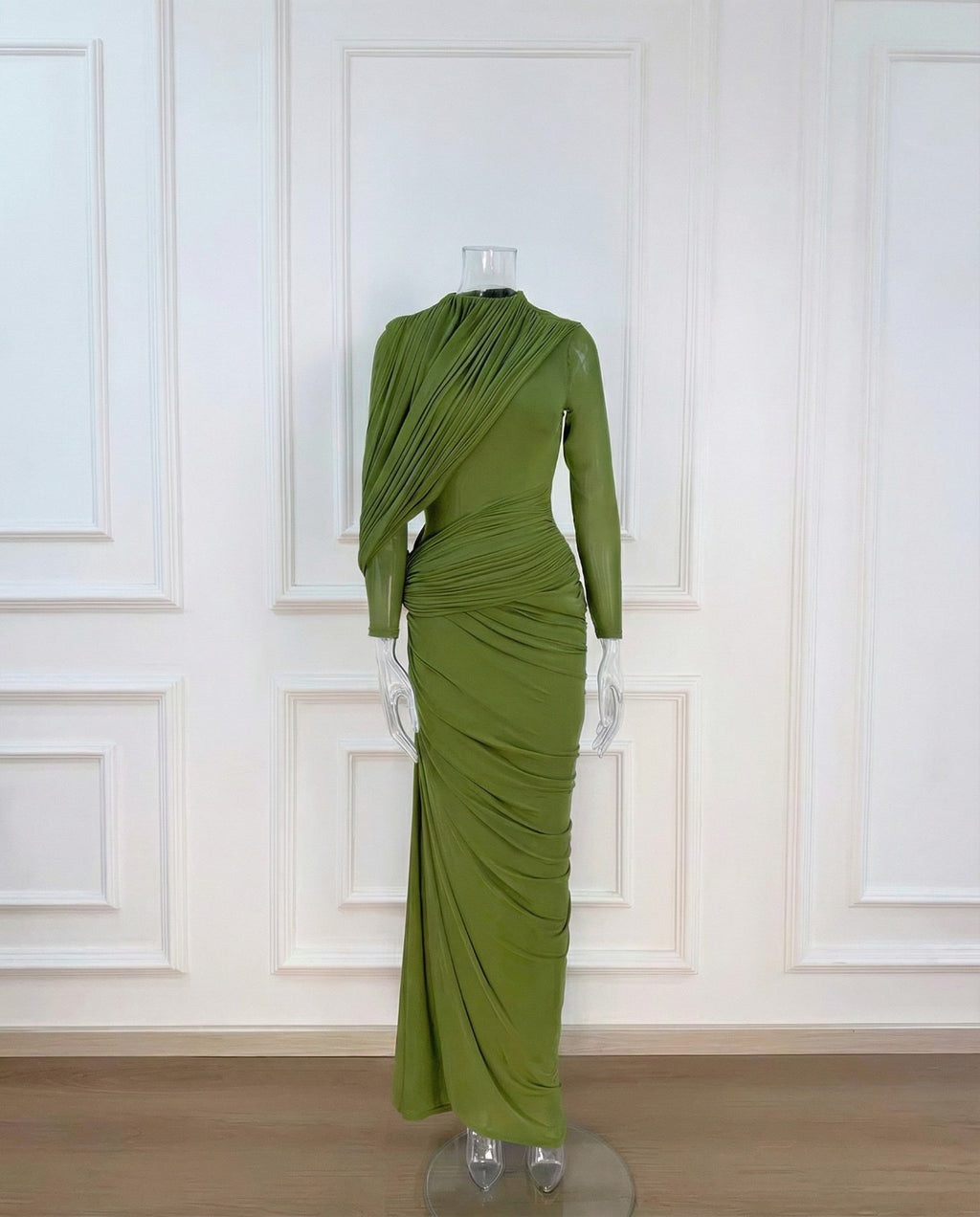 Asymmetric Pleated Drape Maxi Dress in Lime Green
