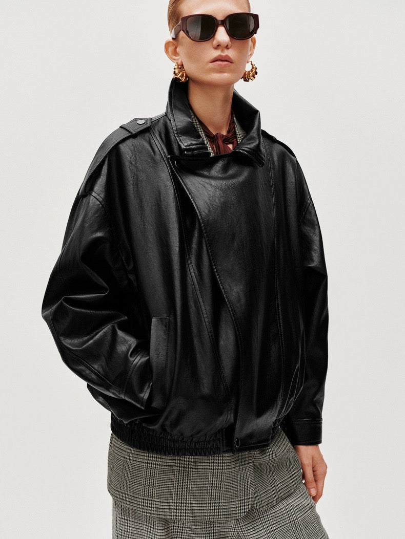 TIE ASYMMETRIC FAUX LEATHER BOMBER JACKET in black