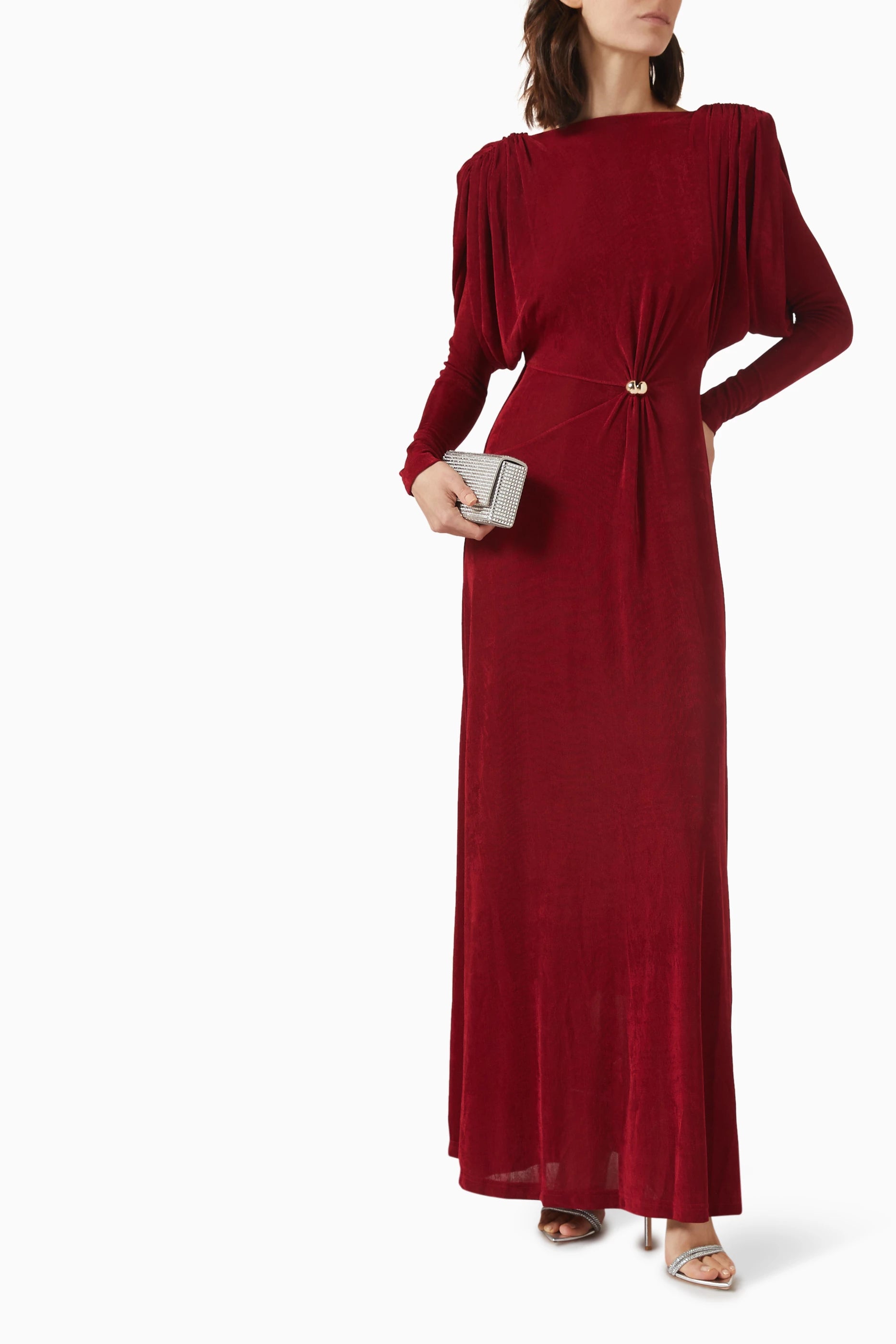 Long Sleeved Dress with Drapes- Red