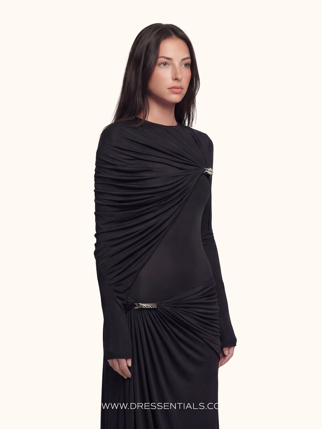 Ruched Long-Sleeve Maxi Dress in Black