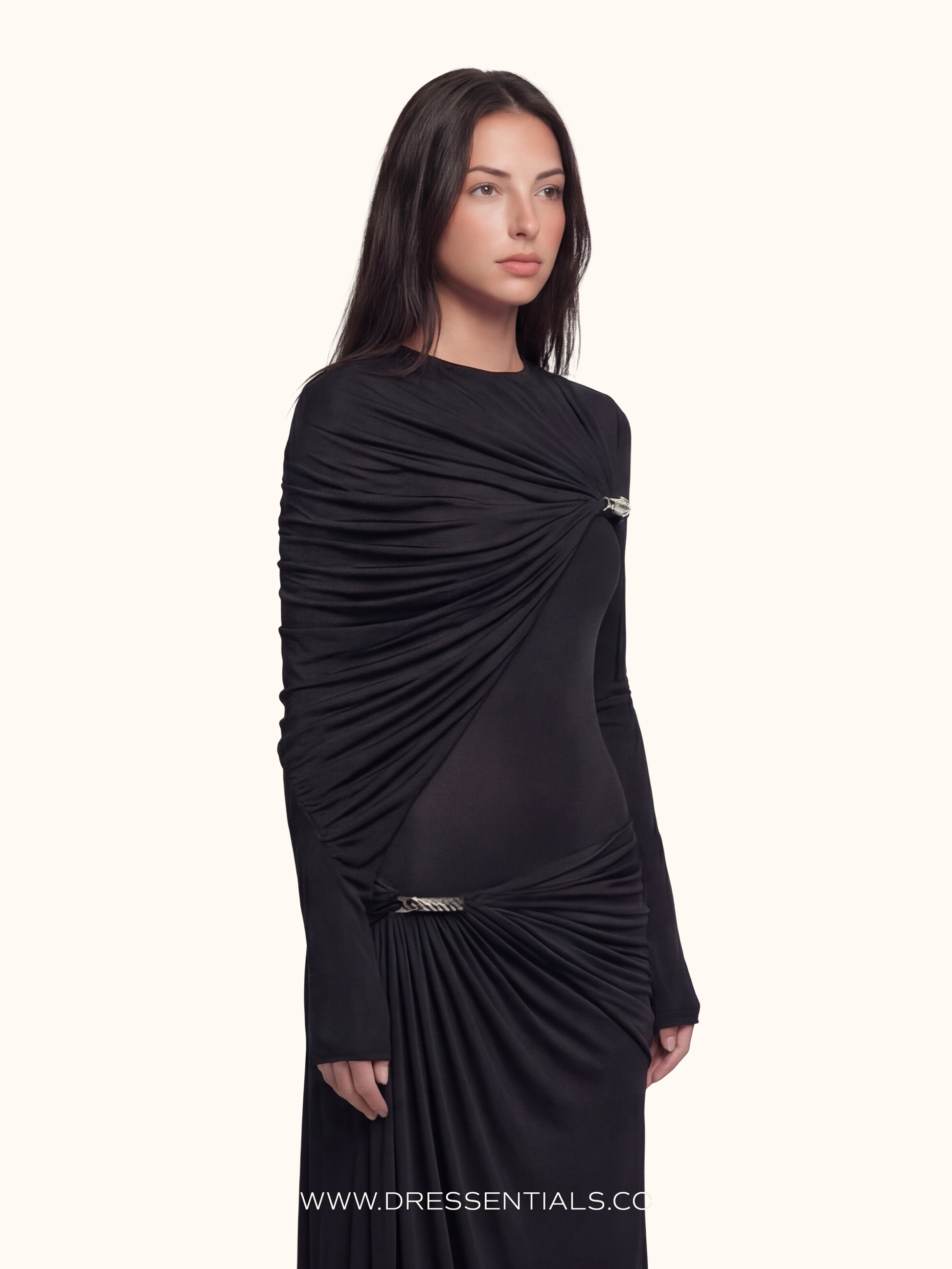 Ruched Long-Sleeve Maxi Dress in Black