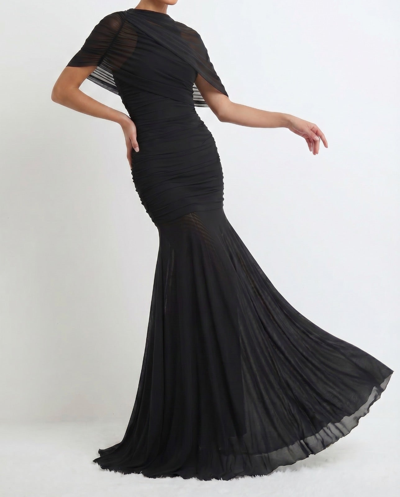 Draped Shoulder Maxi Dress in Black
