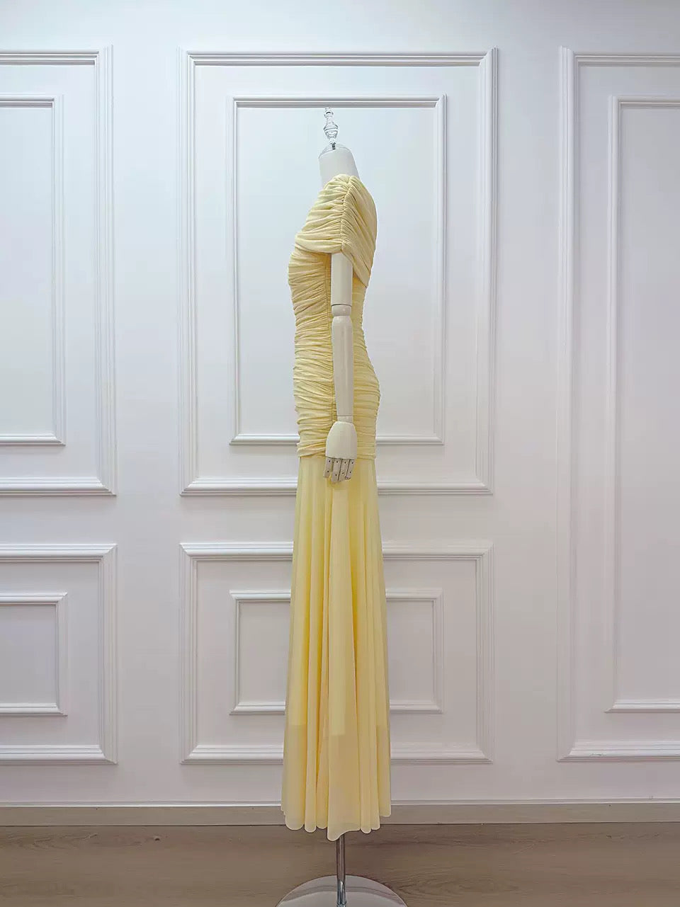 Draped Shoulder Maxi Dress in Butter Yellow