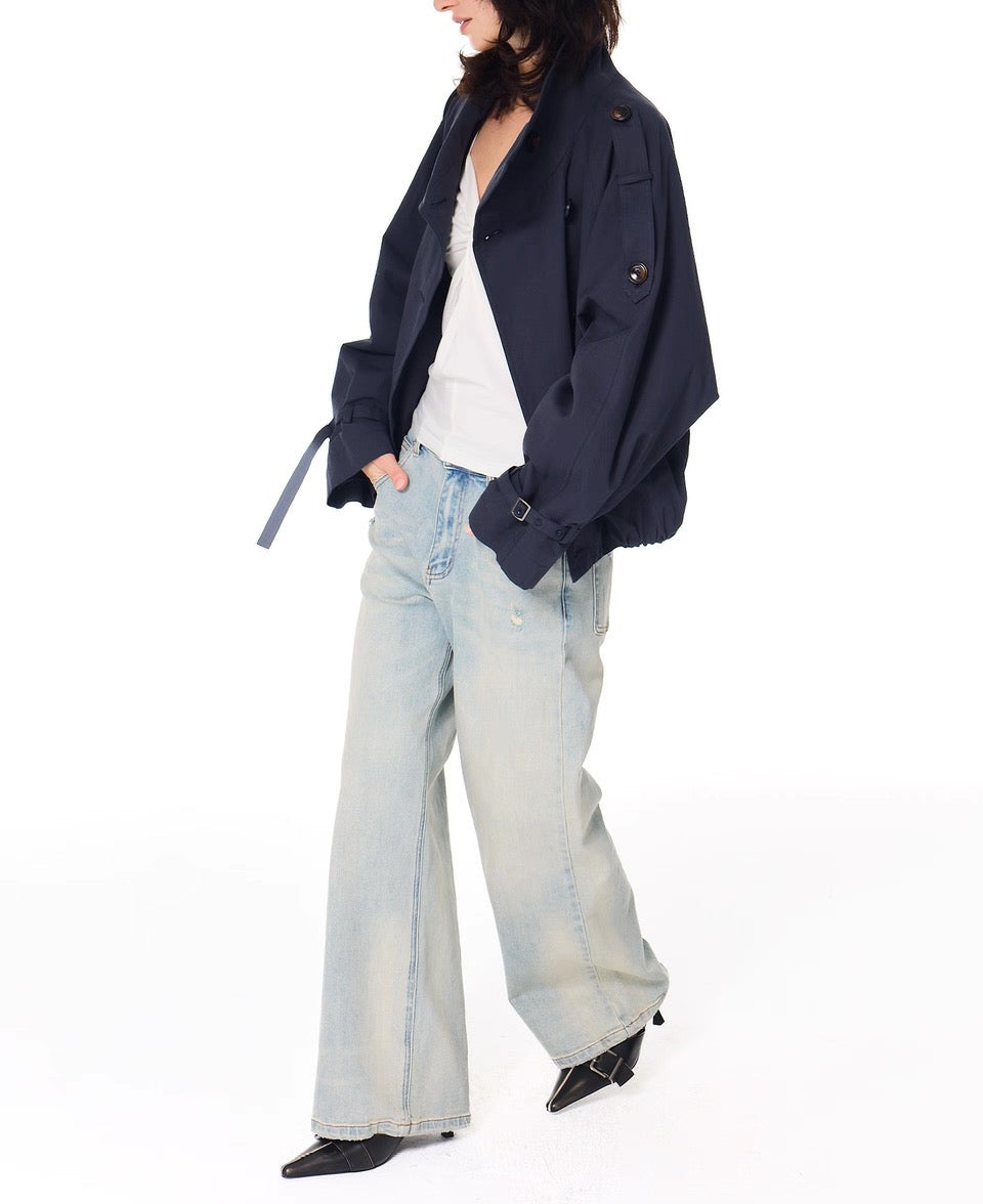 Gathered Trench Jacket in Navy Blue