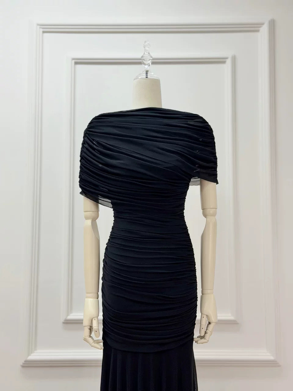 Draped Shoulder Maxi Dress in Black