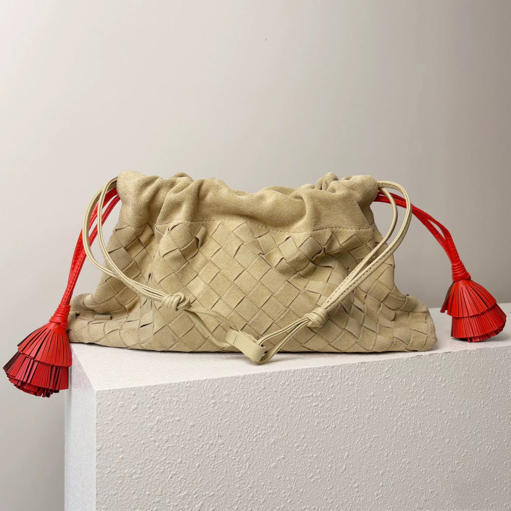 Two-tone Woven Clutch\ Shoulder Bag (Beige & Red)