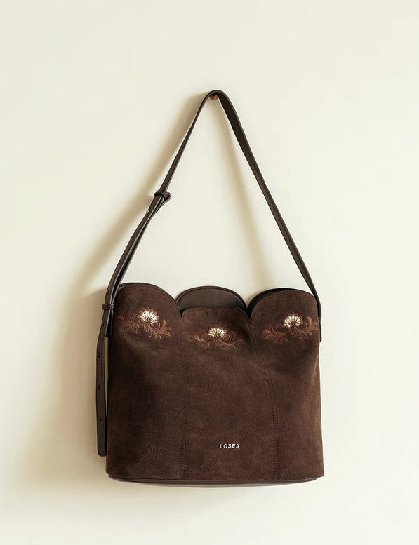 Embroidered Bag in Dark Suede