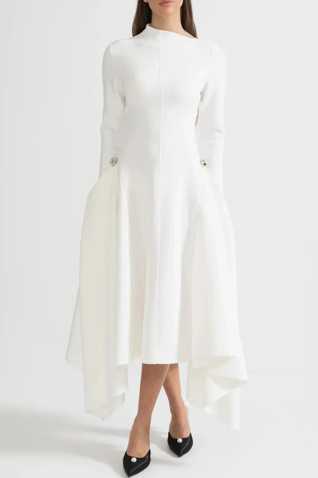 Long Sleeved Asymmetrical Dress-White