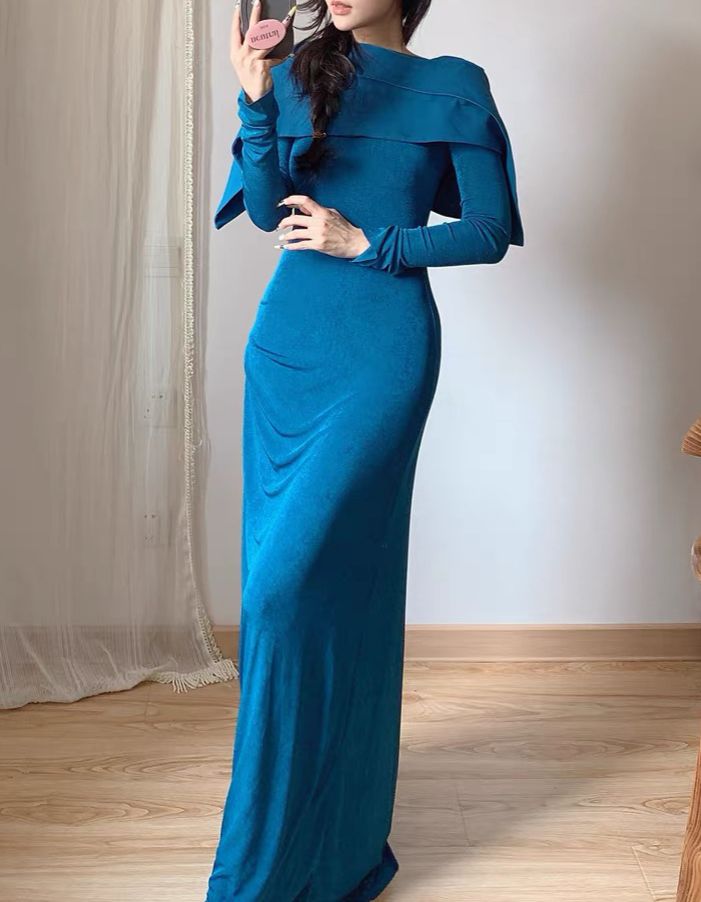 Cape Blue Dress with Long Sleeves