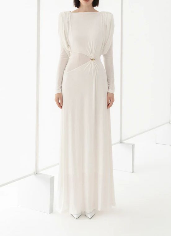 Long Sleeved Dress with Drapes-white