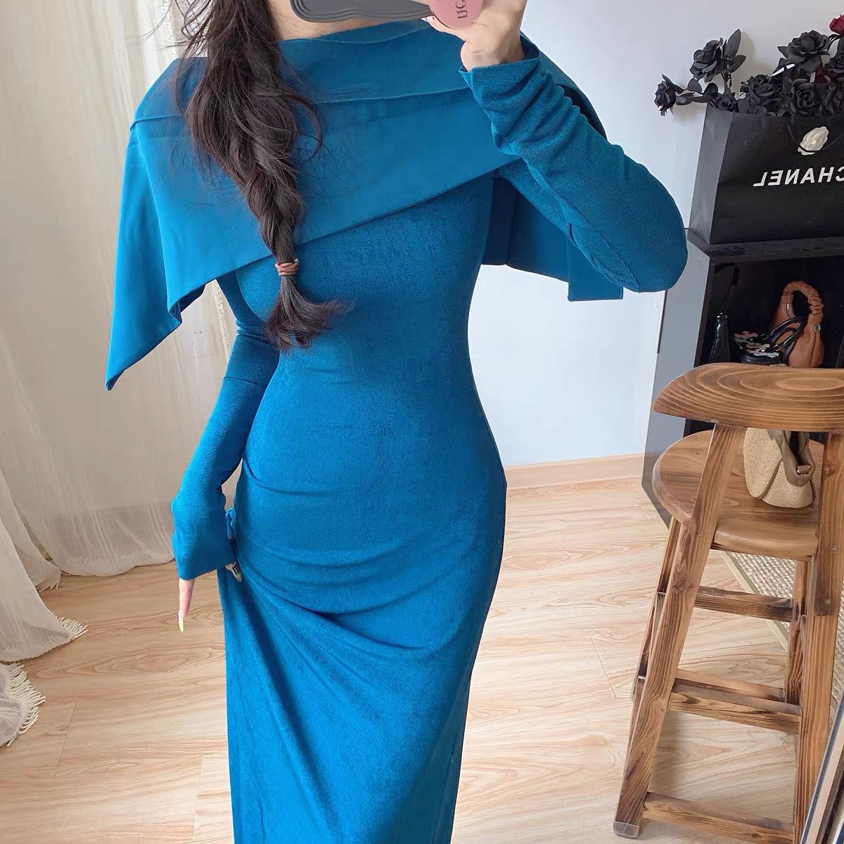 Cape Blue Dress with Long Sleeves