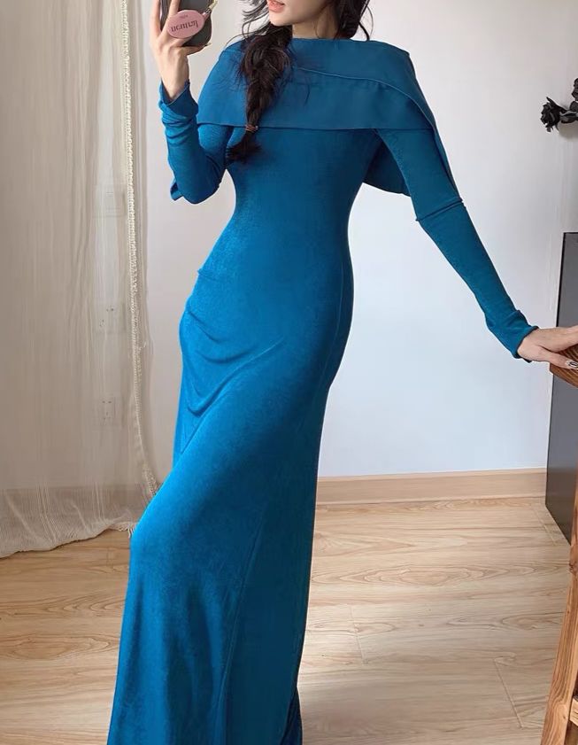 Cape Blue Dress with Long Sleeves