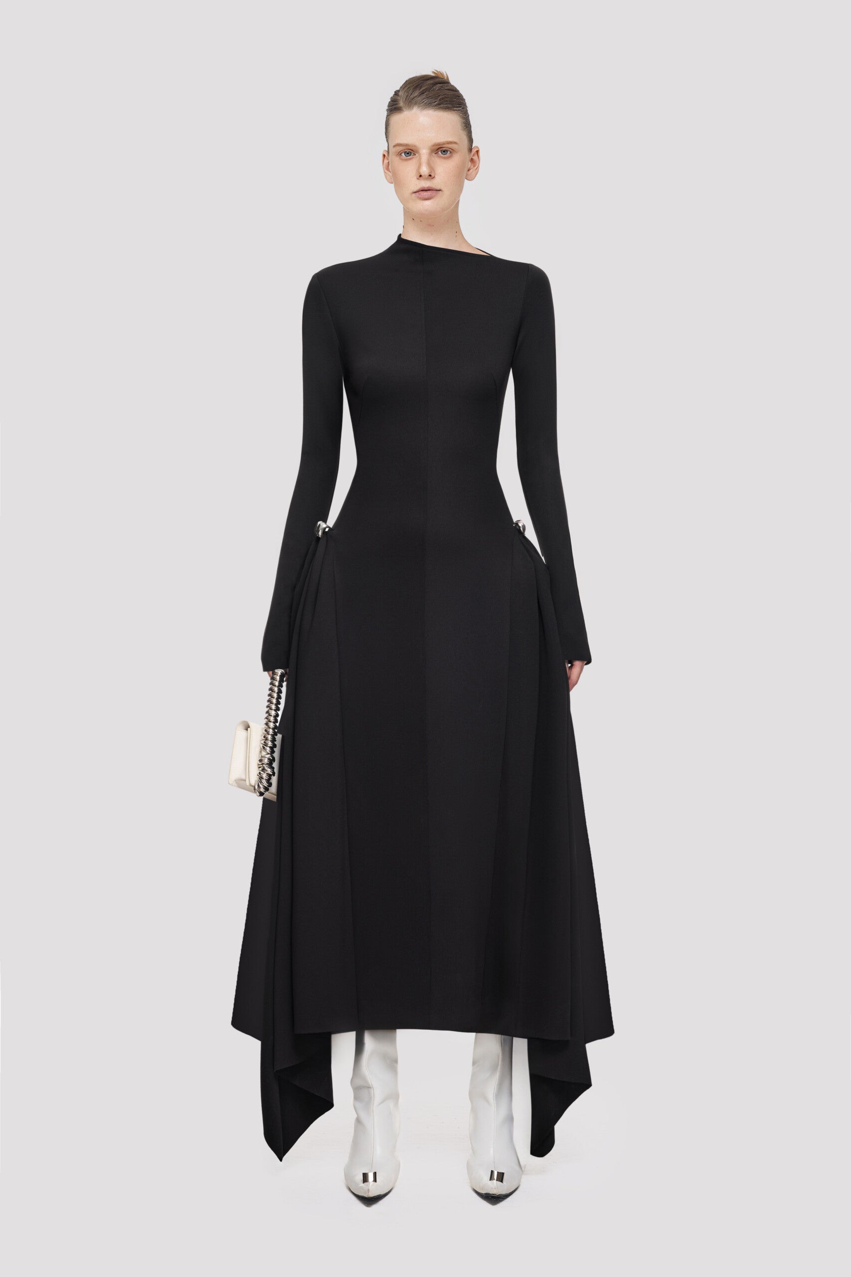 Long Sleeved Asymmetrical Dress-Black