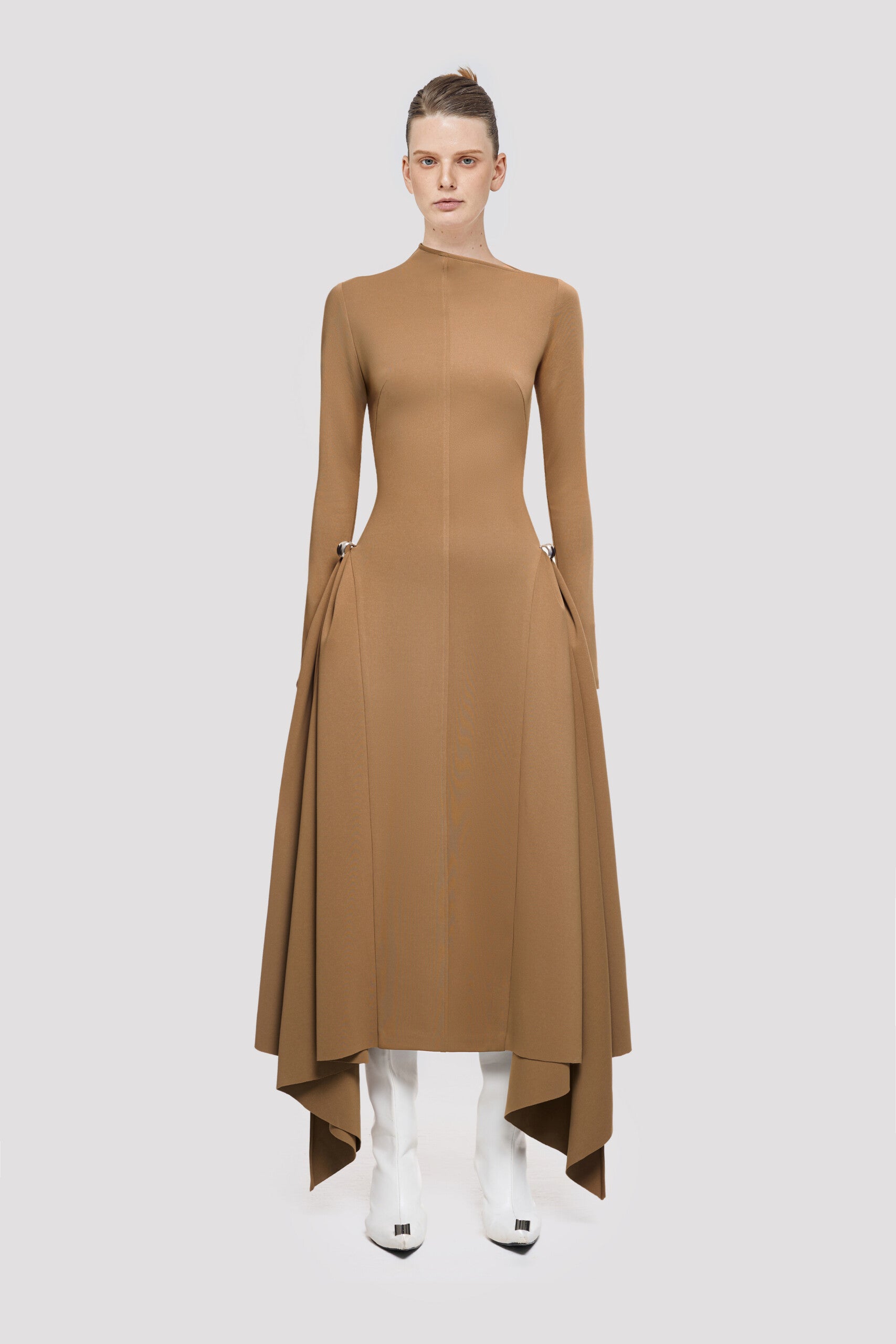 Long Sleeved Asymmetrical Dress- Beige