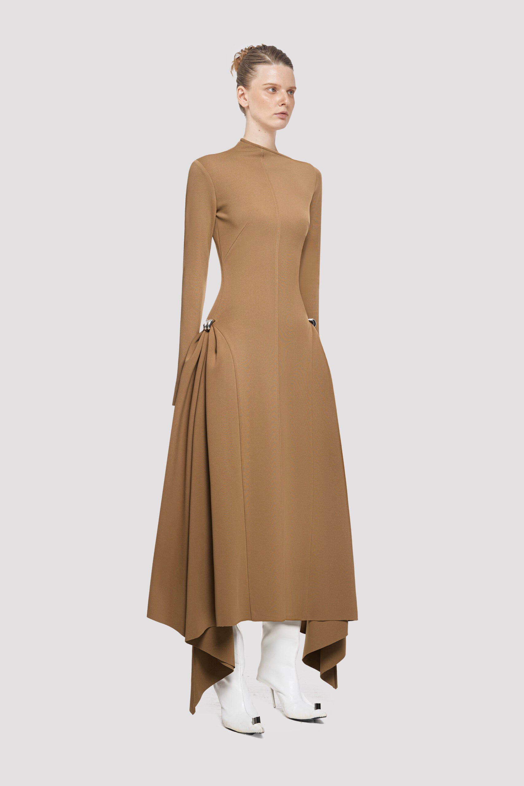 Long Sleeved Asymmetrical Dress- Beige