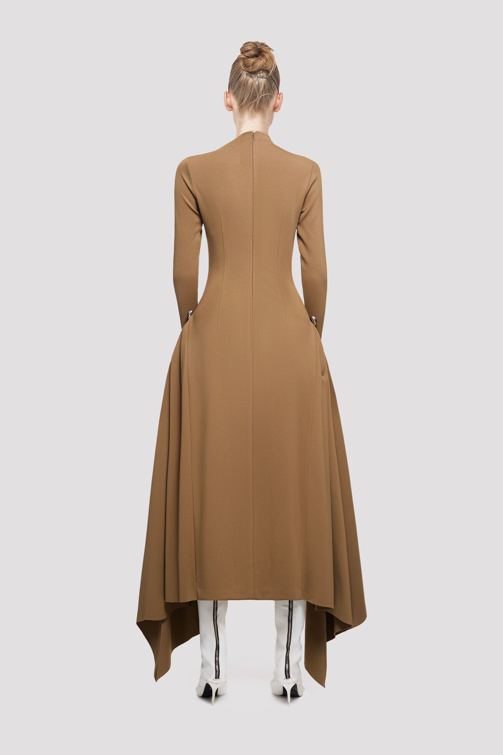 Long Sleeved Asymmetrical Dress- Beige