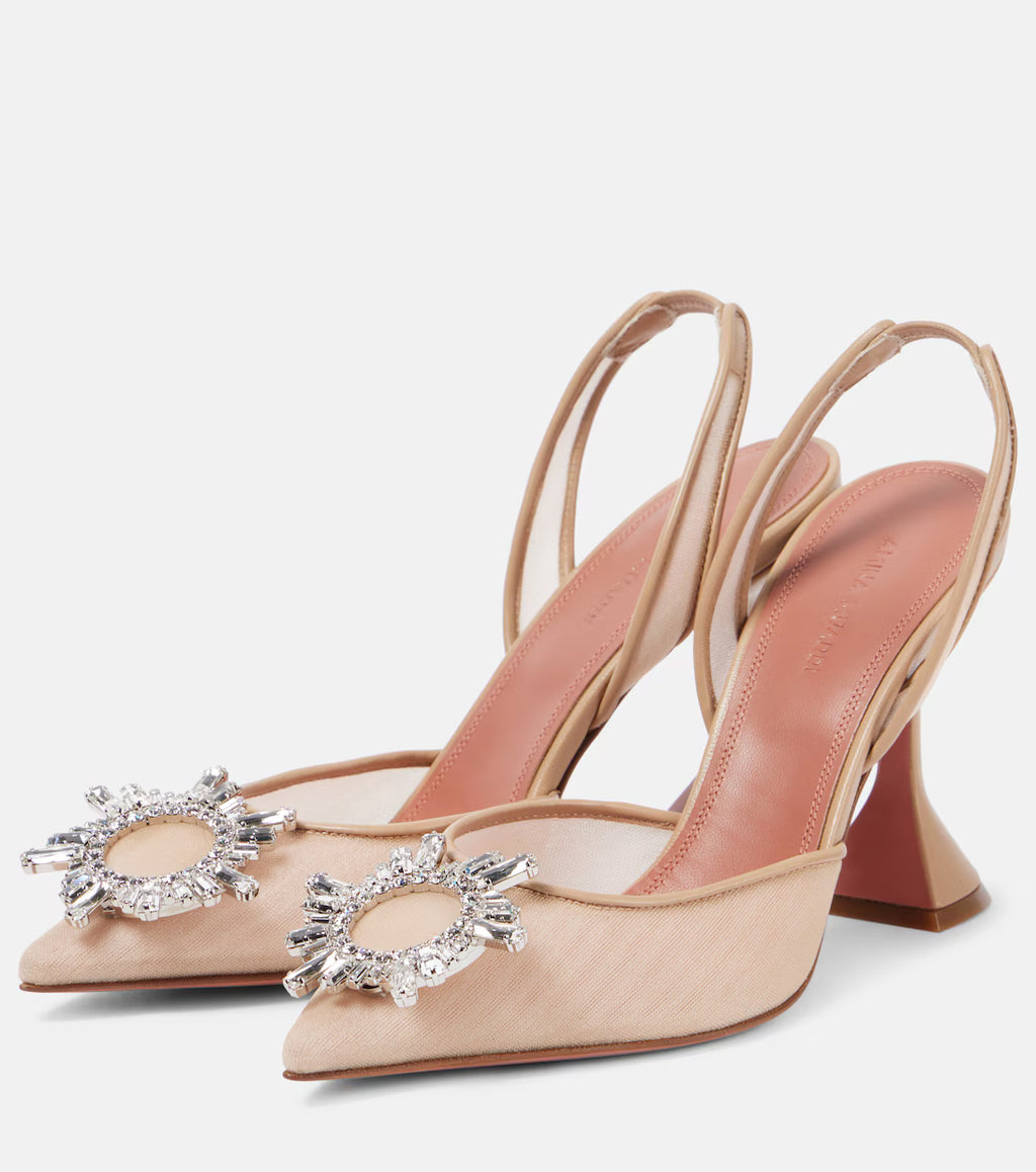 Crystal-embellished mesh slingback pumps Neutral